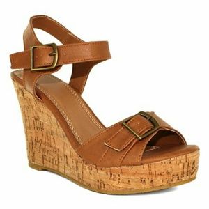 Cognac Super Double Buckle Wedge Sandal